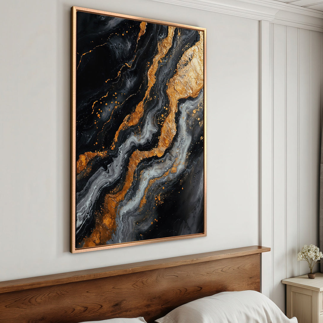 Framed Wall Art: Abstract black, gold, and gray painting. Modern art canvas print for bedroom decor. Adds a touch of luxury and style.