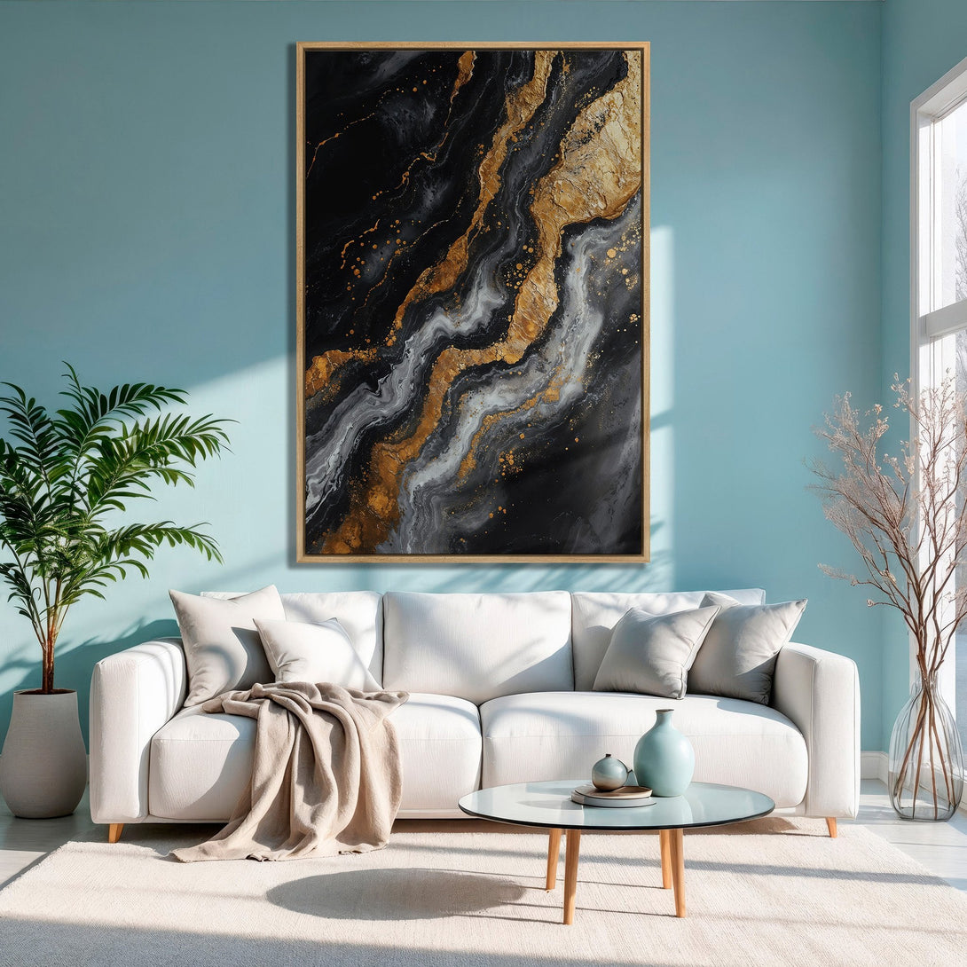 Framed Wall Art: Abstract gold and black Canvas Print in a modern living room. Stunning artwork with a luxurious, contemporary aesthetic.