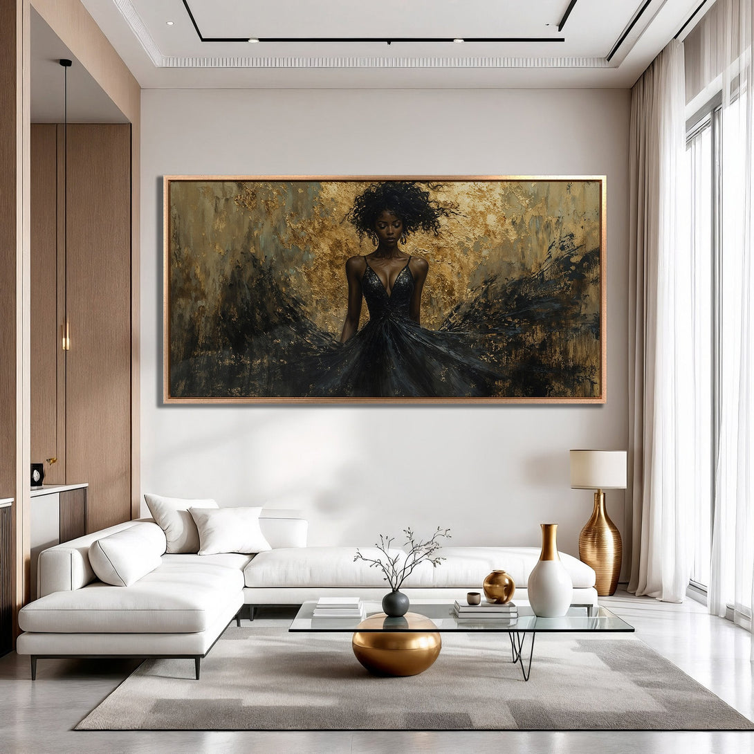 Framed Wall Art: Stunning woman in black dress, abstract gold background. Elegant decor for modern living. Black, gold, and neutral color palette.