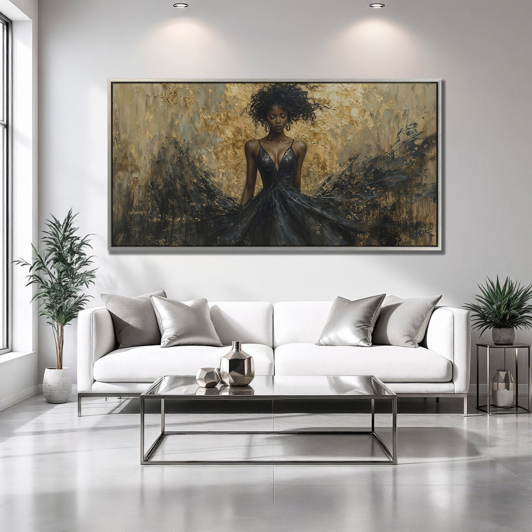 Framed Wall Art: Elegant woman in black dress, gold and black abstract art, modern style, perfect for living room decor.