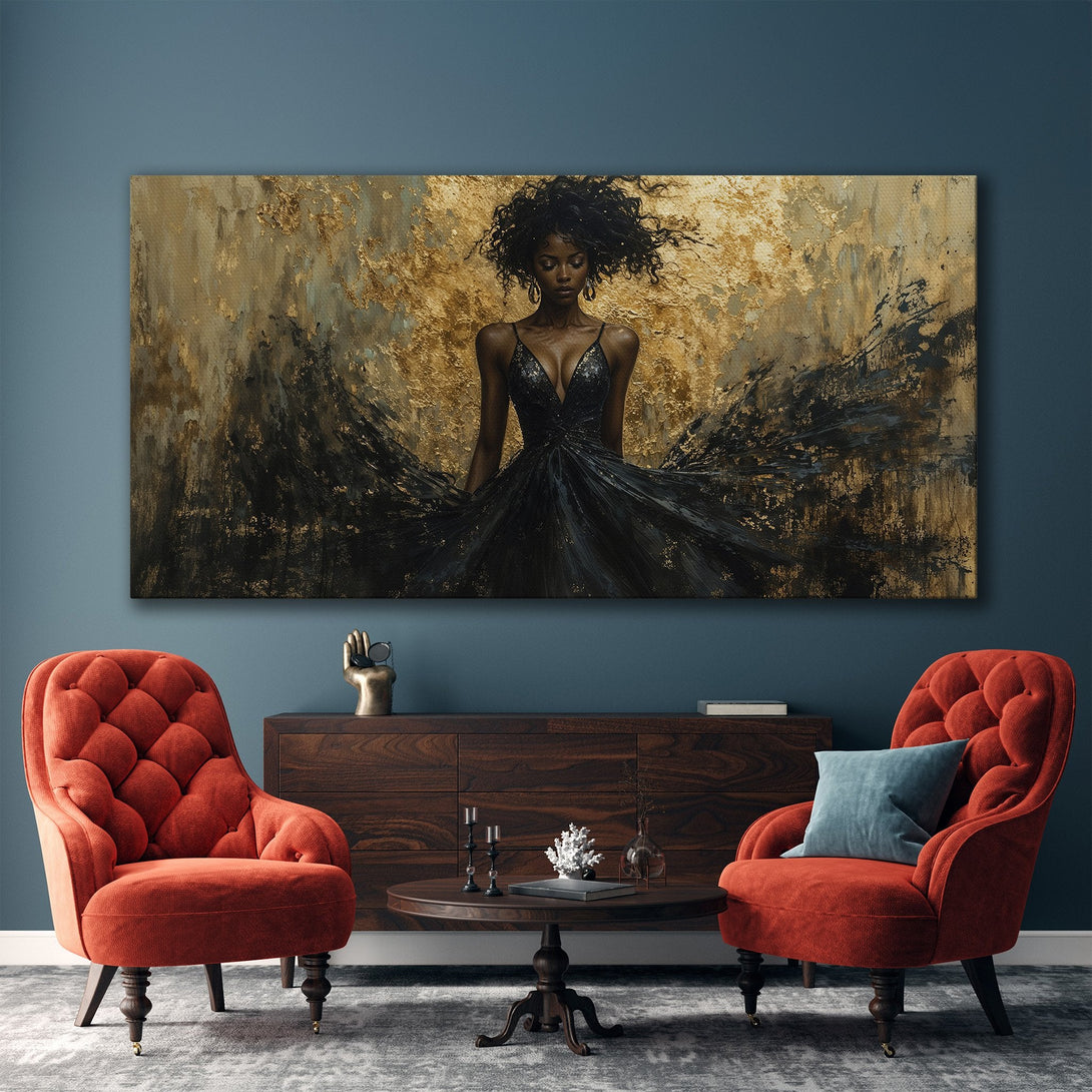 Framed Wall Art: Elegant woman in black dress, abstract style, gold & black color palette. Perfect for modern home decor. Shop now!