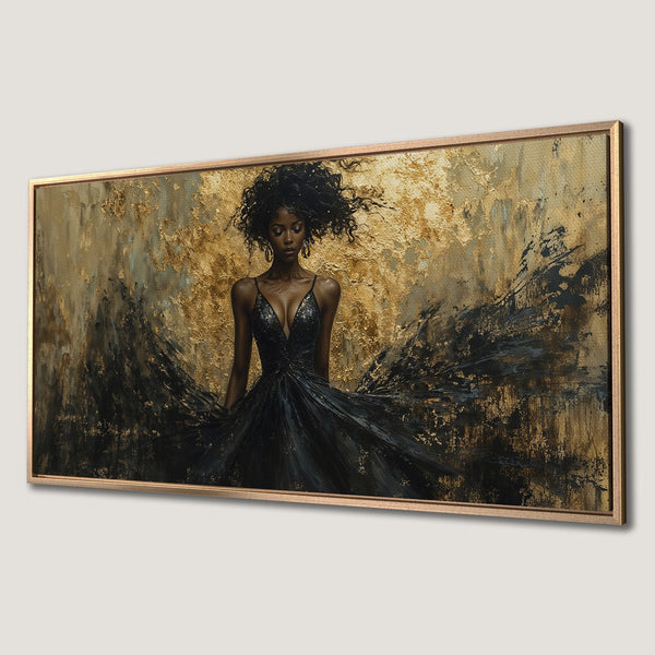 Framed Wall Art: Elegant woman in black dress against gold abstract background. Dramatic art piece, perfect for adding a touch of luxury to your home decor.