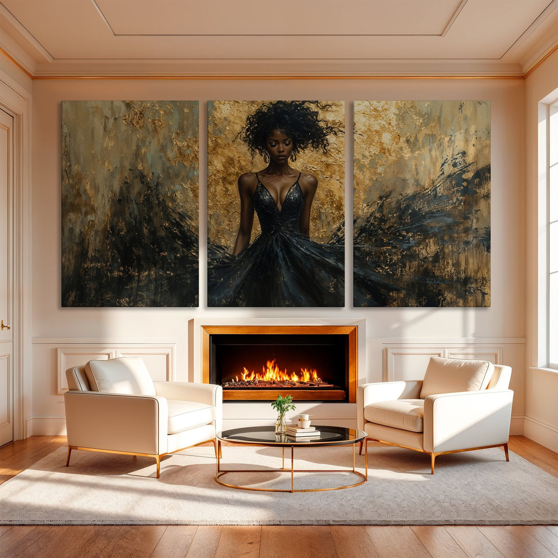 Canvas Print of a woman in a black dress, abstract style, gold and black color palette, perfect for modern interior design.