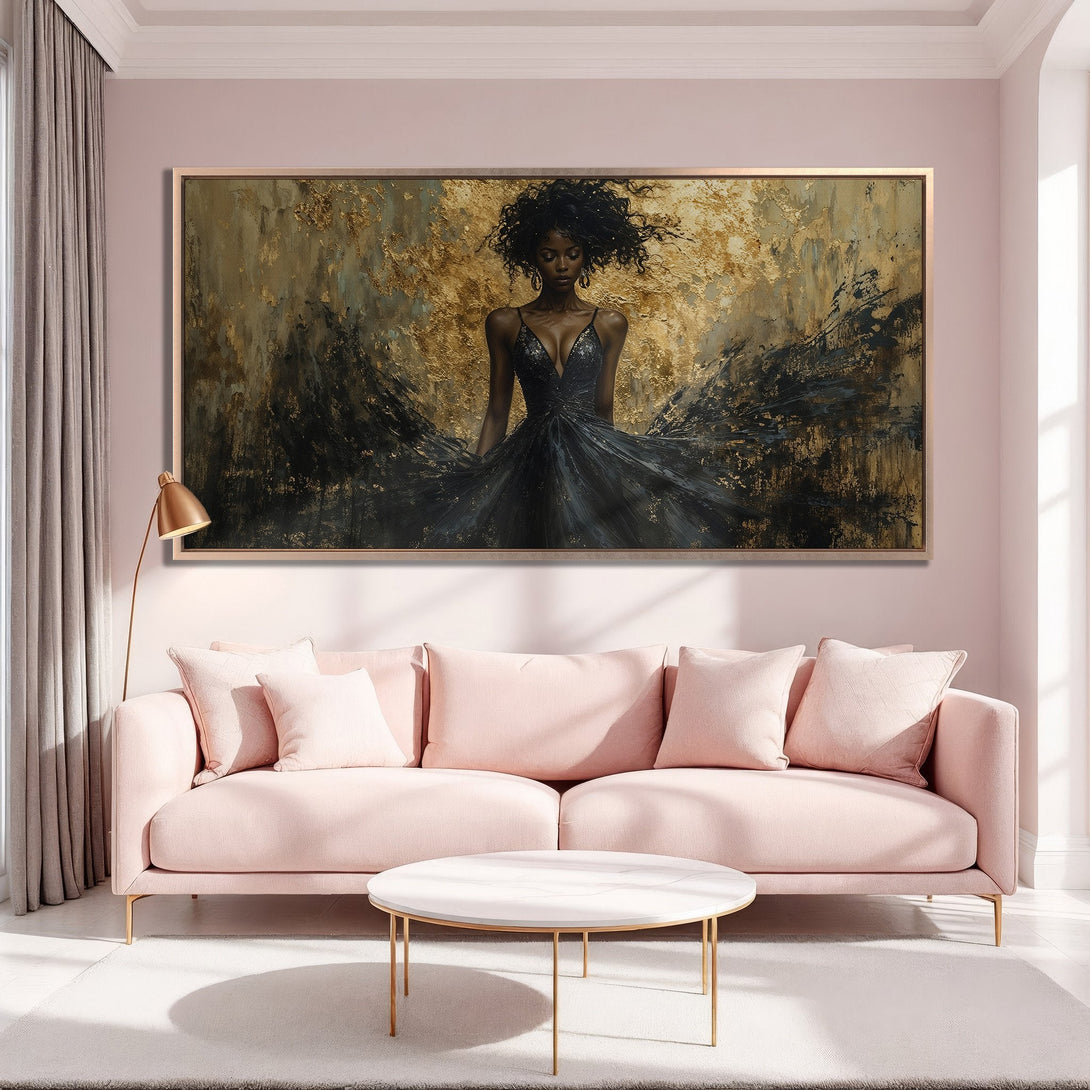 Framed Wall Art: Elegant woman in black dress, gold and black abstract art. Modern canvas print for a sophisticated interior with blush and gold tones.
