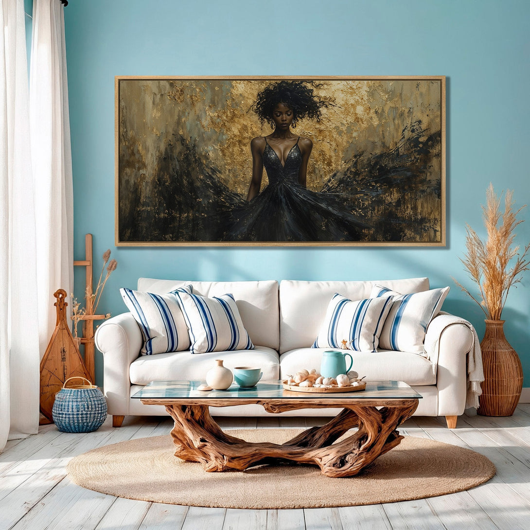Framed Wall Art: Elegant woman in black dress, abstract style, gold & black palette. Perfect for living room decor. Shop stunning canvas prints!