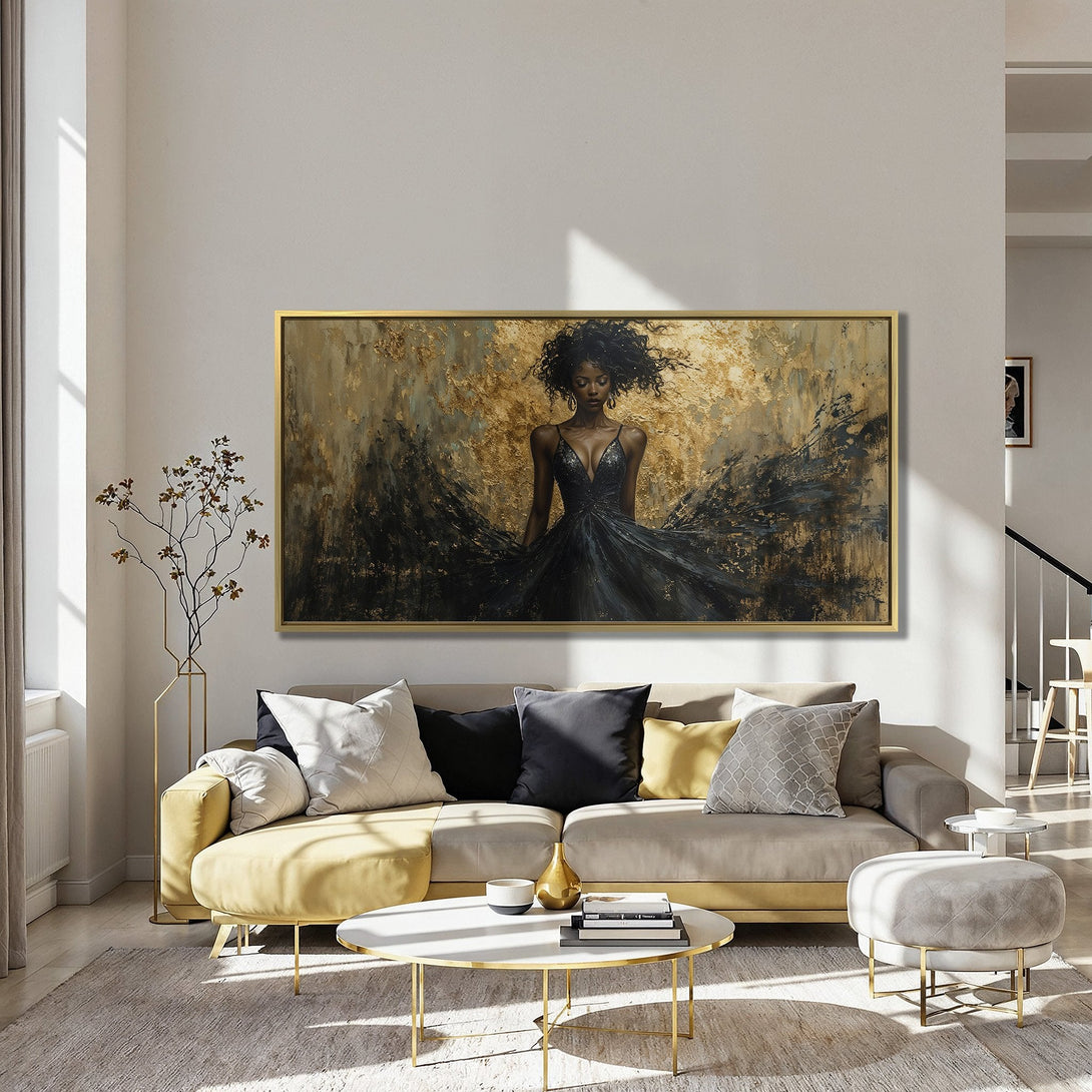 Canvas Print featuring a woman in a black dress, abstract gold and black art. Elegant wall decor for a sophisticated living room.