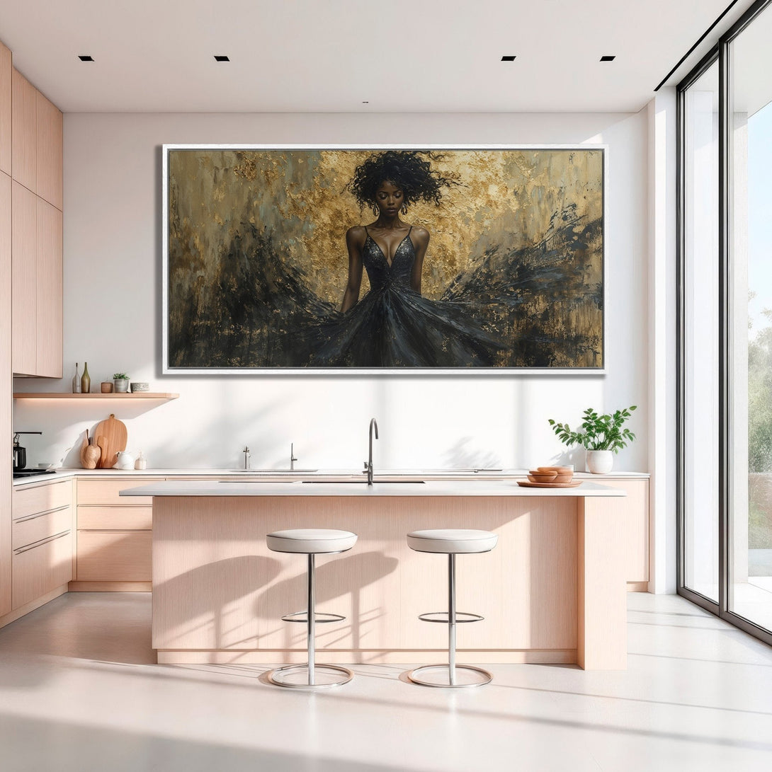 Framed Wall Art: Elegant woman in black dress, abstract gold and black painting. Modern art canvas print adds sophistication to any kitchen.