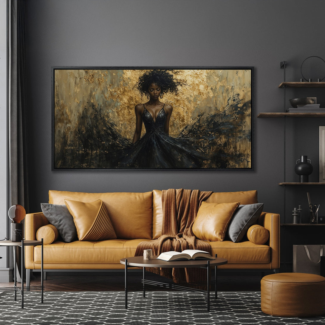 Framed Wall Art: Elegant woman in black dress, gold & black abstract art. Modern Canvas Print for living room decor, featuring a warm, neutral color palette.