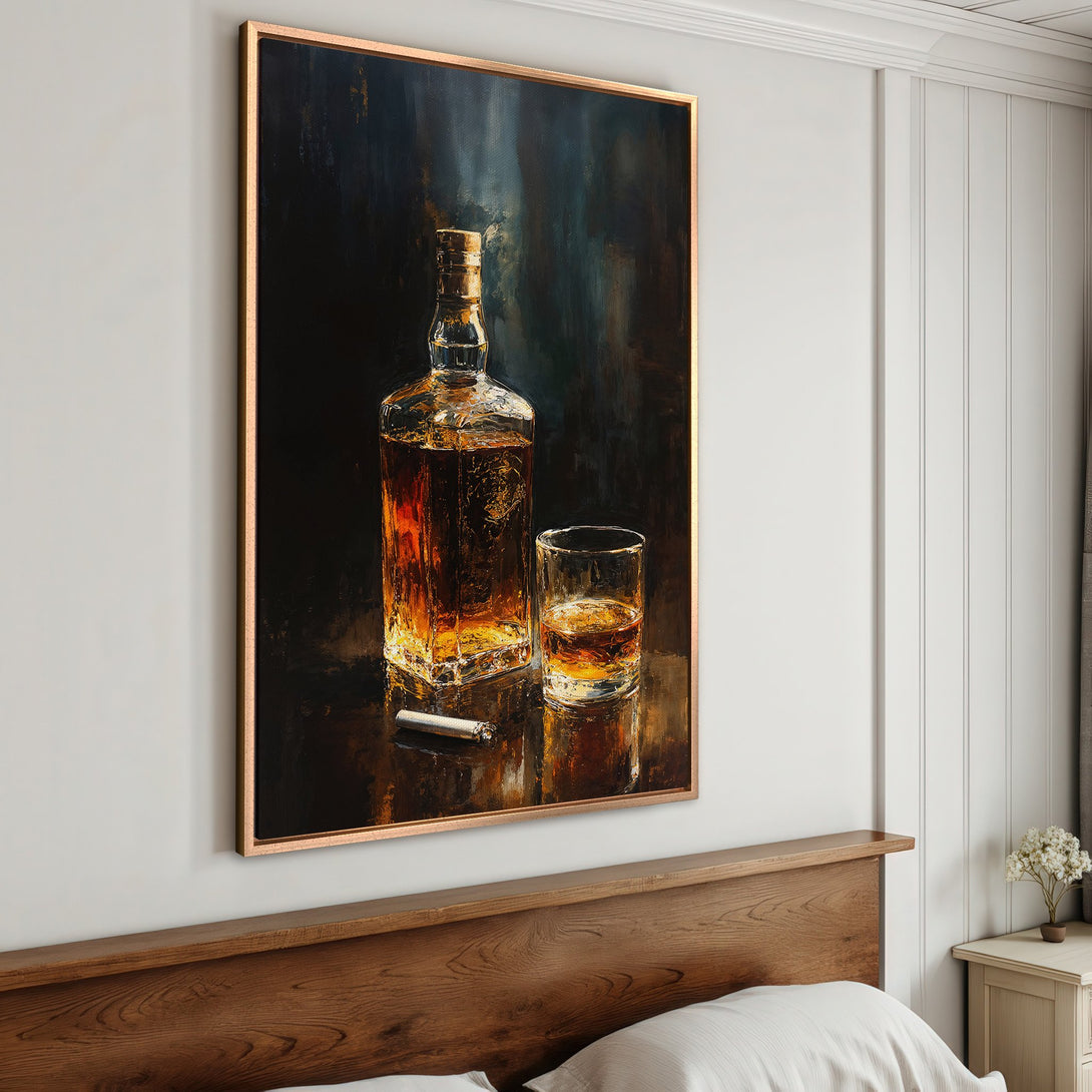 Framed Wall Art: Whiskey bottle and glass painting in warm, amber tones. Stylish decor for home bar or living room. Dark, moody art.