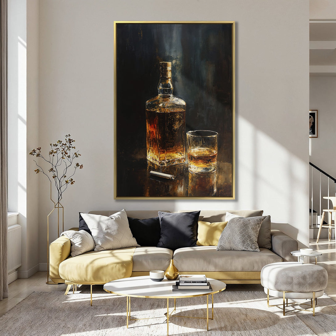 Canvas Print featuring a whiskey bottle and glass, rich brown tones against a dark background, displayed in a stylish interior with a lavender wall.