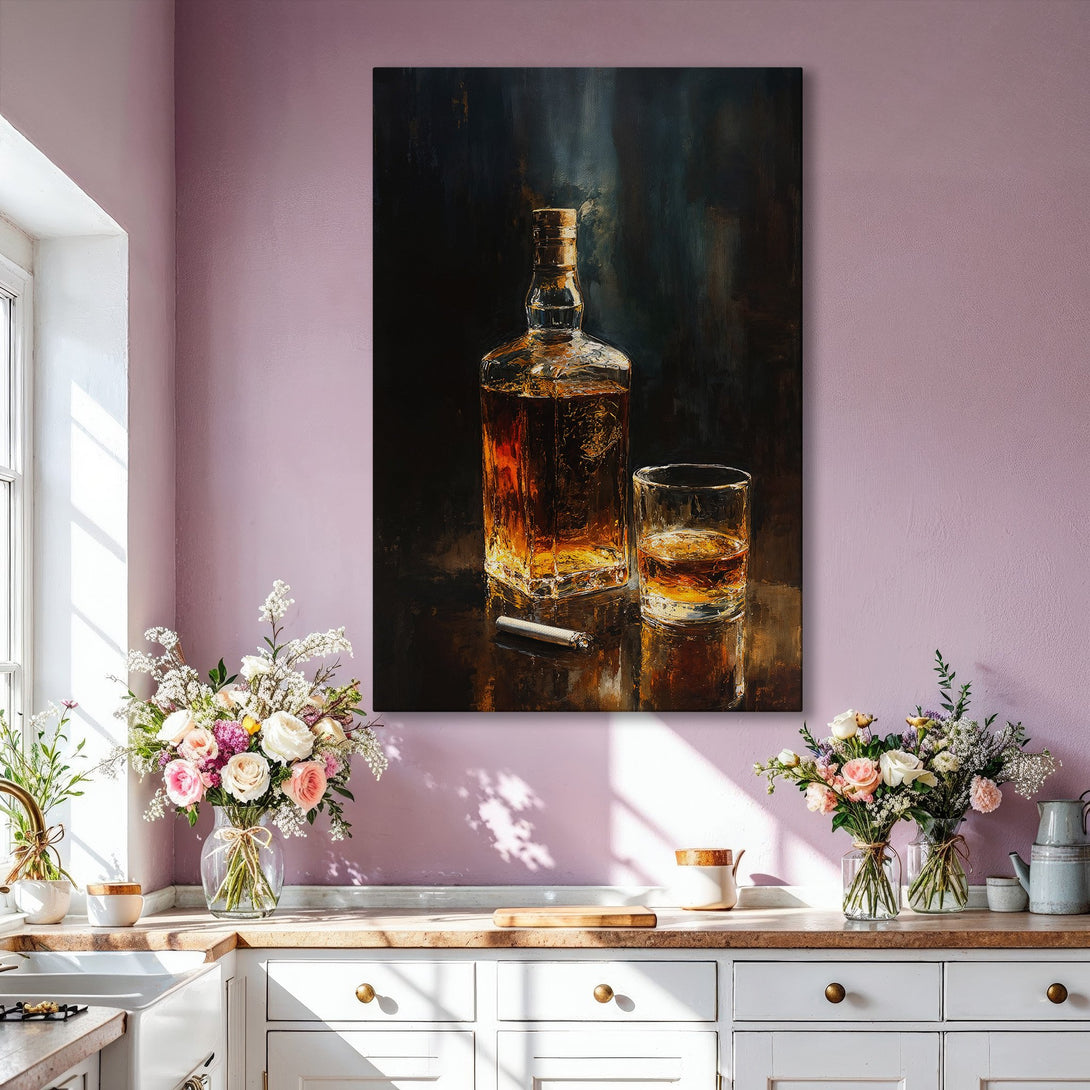 Framed Wall Art: Whiskey bottle and glass painting in a modern interior. Warm, rich brown and gold tones. Elevate your home decor with this stunning canvas print.