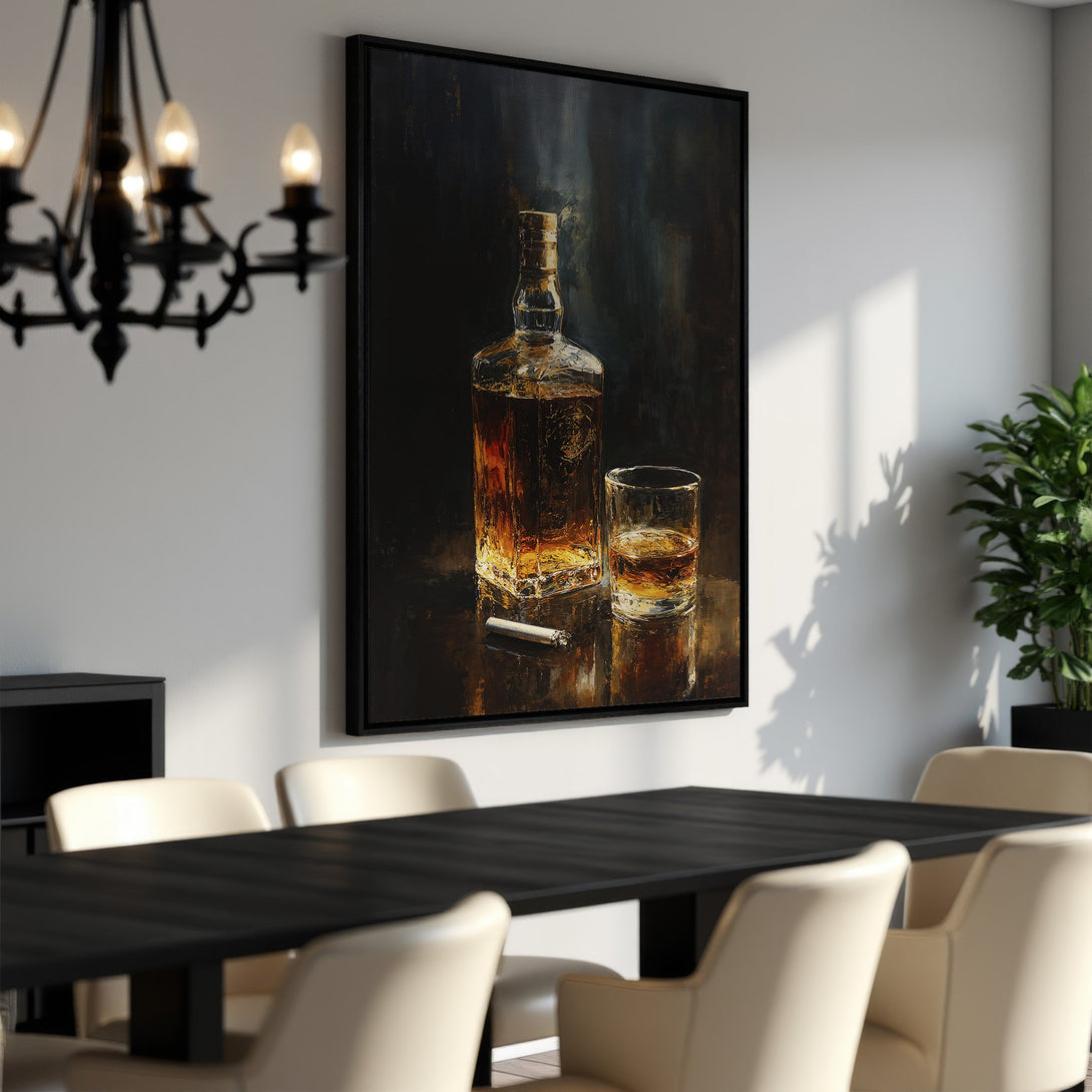 Framed Wall Art: Whiskey bottle and glass painting in a dining room. Dark, moody color palette with browns and blacks. Perfect for home decor.