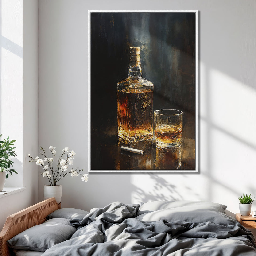 Framed Wall Art: Whiskey bottle and glass painting in warm amber tones. Modern art print for bedroom decor. Rich colors, stylish home accent.