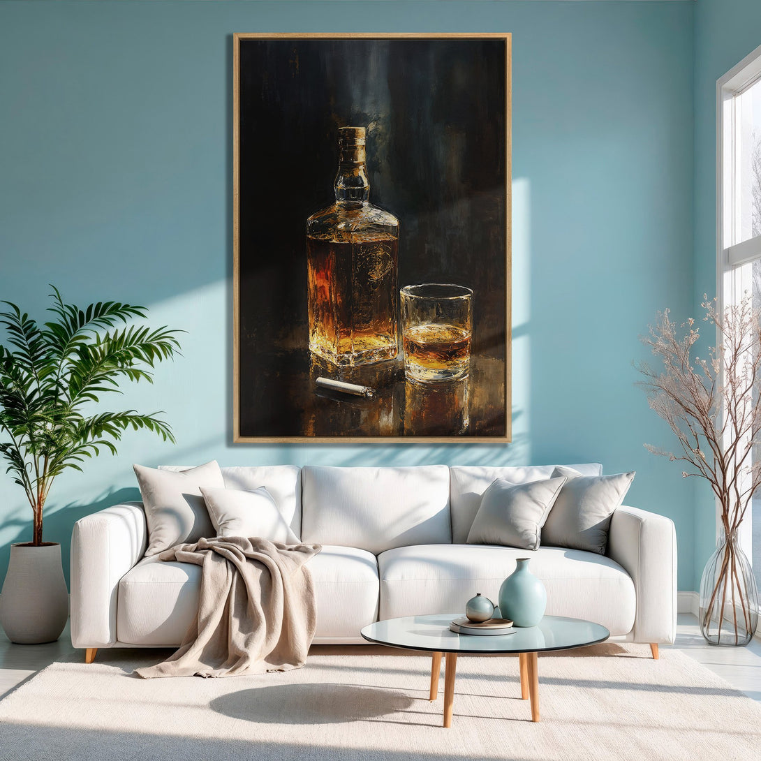 Framed Wall Art: Whiskey bottle and glass painting in warm tones. Adds a touch of sophistication to any room. Perfect for home decor.