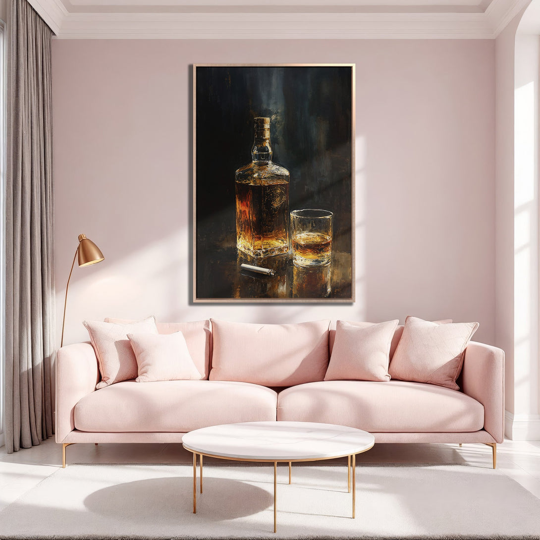 Framed Wall Art of whiskey bottle and glass in moody style, warm color palette. Perfect for adding sophistication to any space.