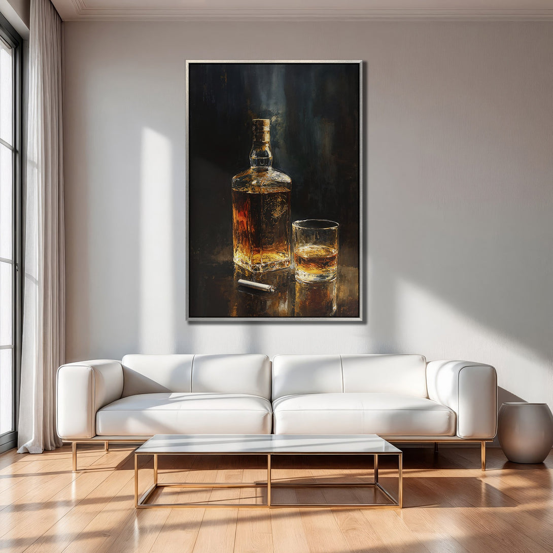 Framed Wall Art featuring a whiskey bottle and glass, in warm amber and dark tones. Perfect for adding a touch of sophistication to your living room.