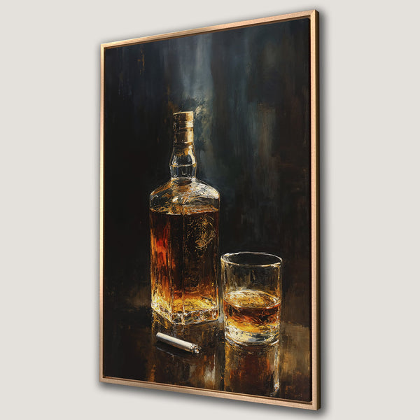 Framed Wall Art: Still life painting of whiskey bottle and glass in warm amber tones. Dark, moody aesthetic, perfect for a sophisticated home bar.