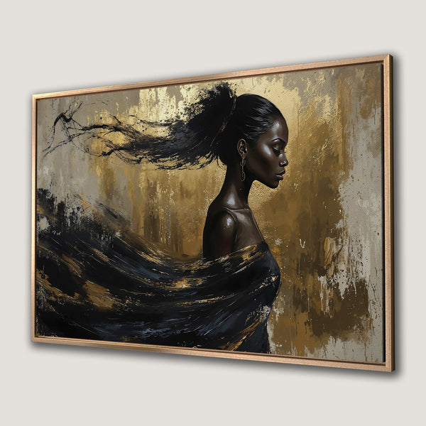 Framed Wall Art: Elegant black woman portrait in an abstract style with a gold and black color palette. Perfect for adding sophistication to any space.