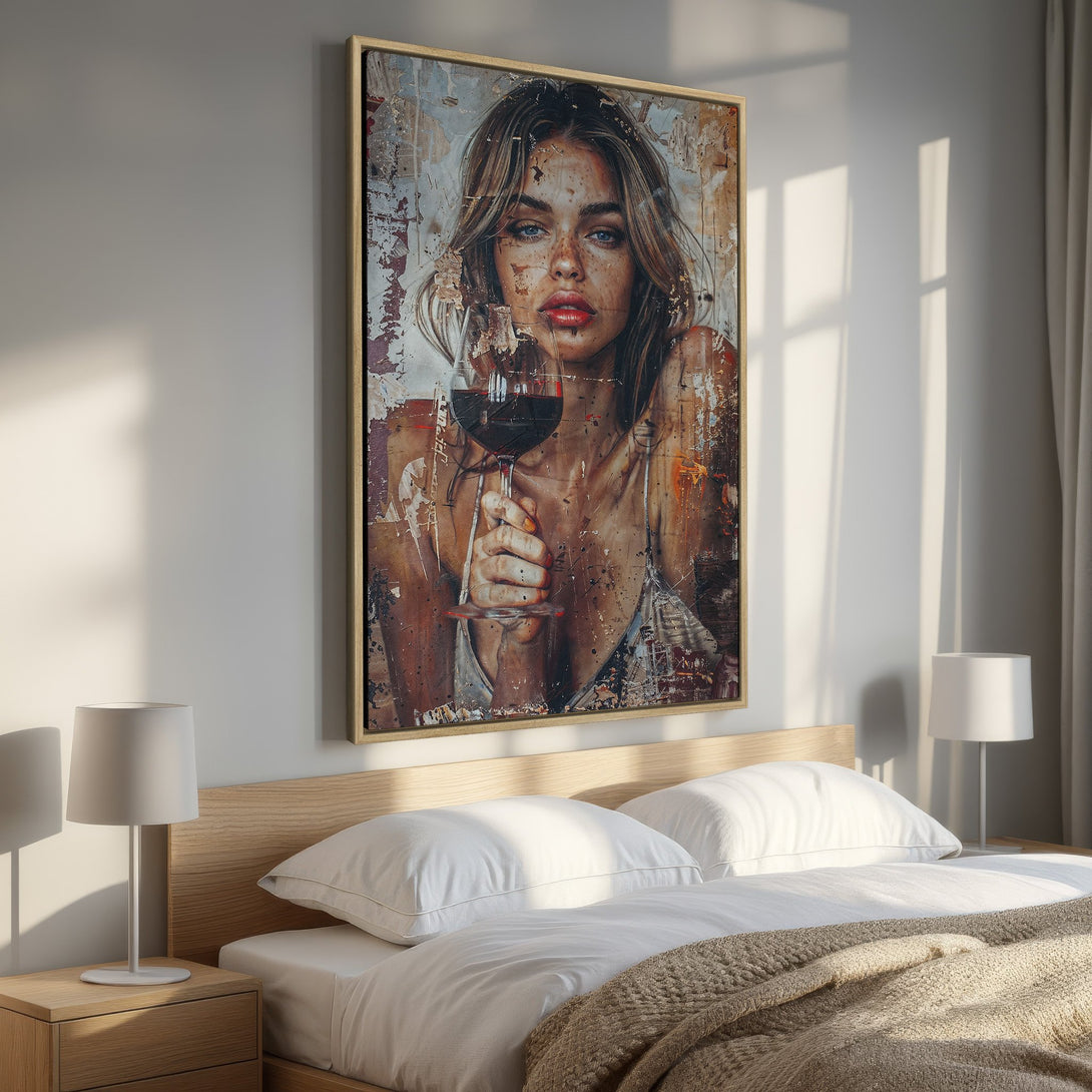 Framed Wall Art: Portrait of woman with wine glass, rustic style, warm color palette. Perfect bedroom decor. Shop now!