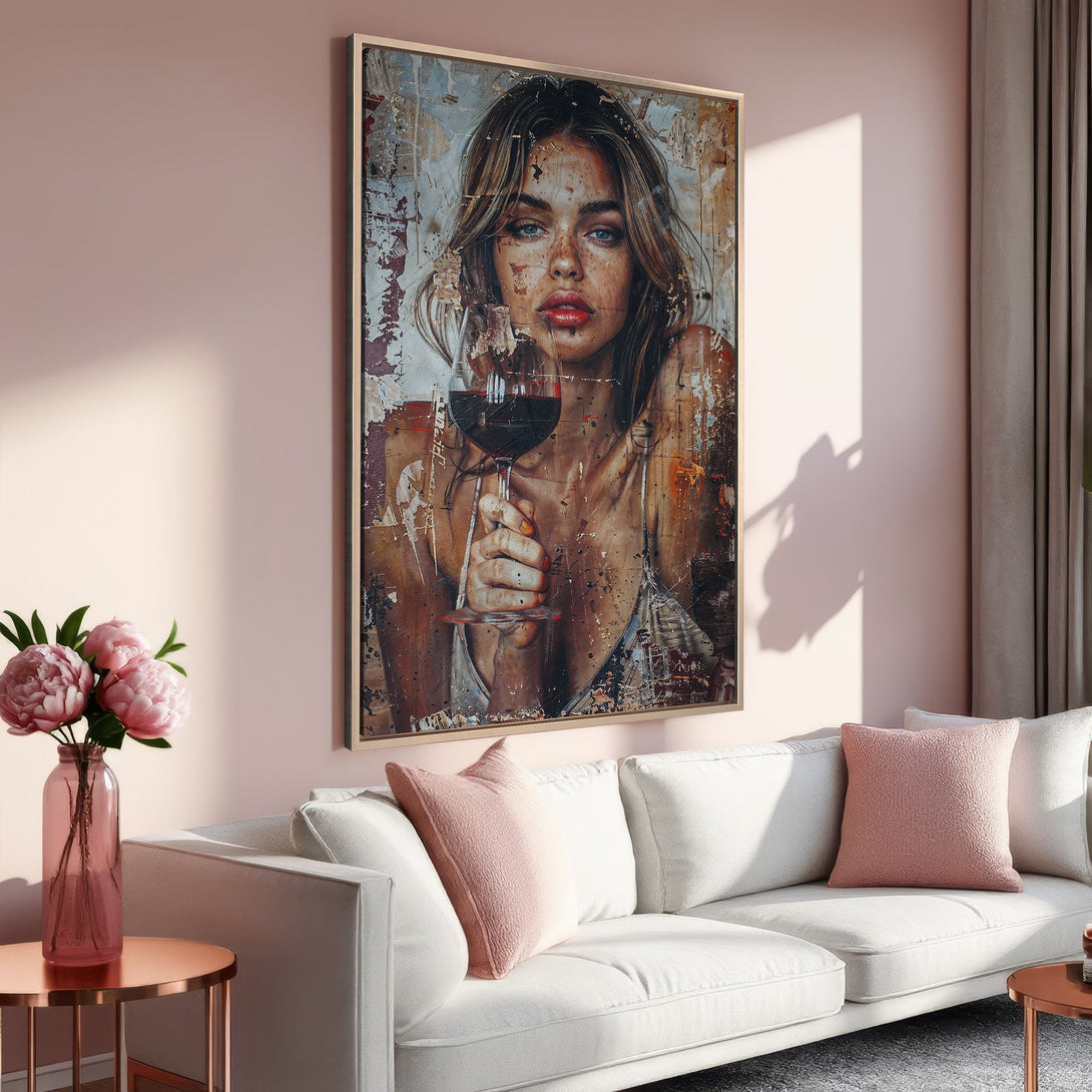 Framed Wall Art of a woman with wine, in a distressed style. Warm, blush pink and neutral color palette. Perfect for modern home decor.