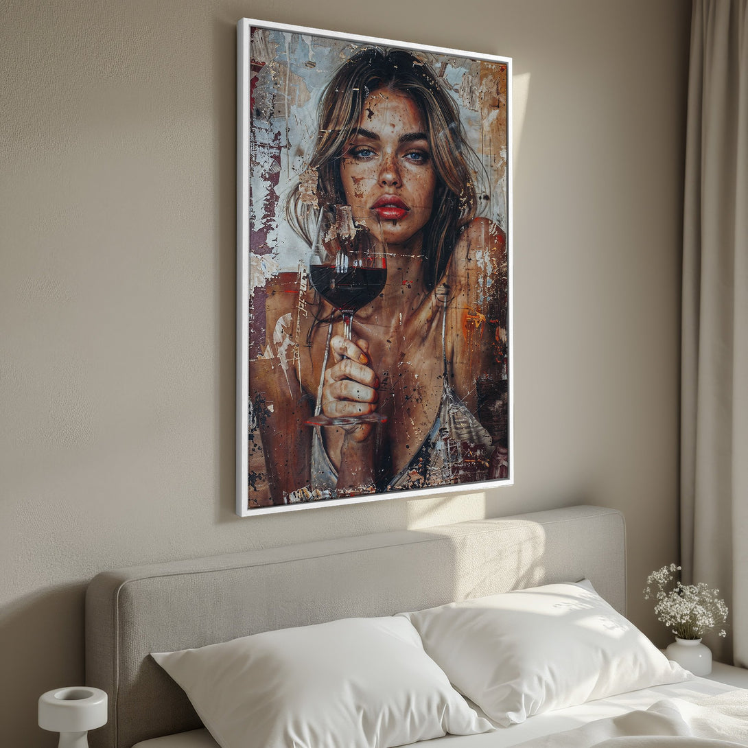 Framed Wall Art: Woman with wine glass in a modern, abstract style. Earthy tones of brown, red, and beige create a sophisticated, artistic aesthetic. Perfect for bedroom decor.