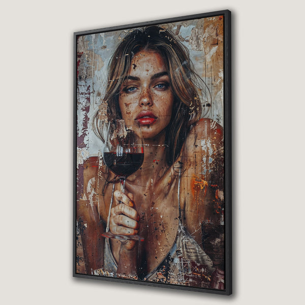 Framed Wall Art: Portrait of a woman with wine, grunge style, warm earth tones and pops of red. Elevate your space with this captivating canvas print.