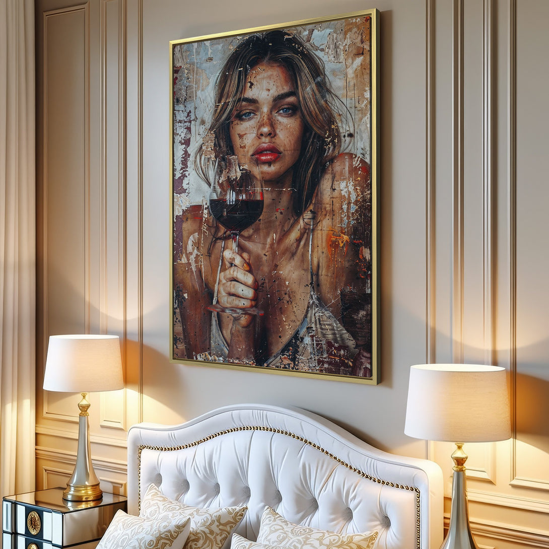 Canvas Print of a woman with red lipstick and a glass of wine, in a textured, abstract style with warm, earthy tones.