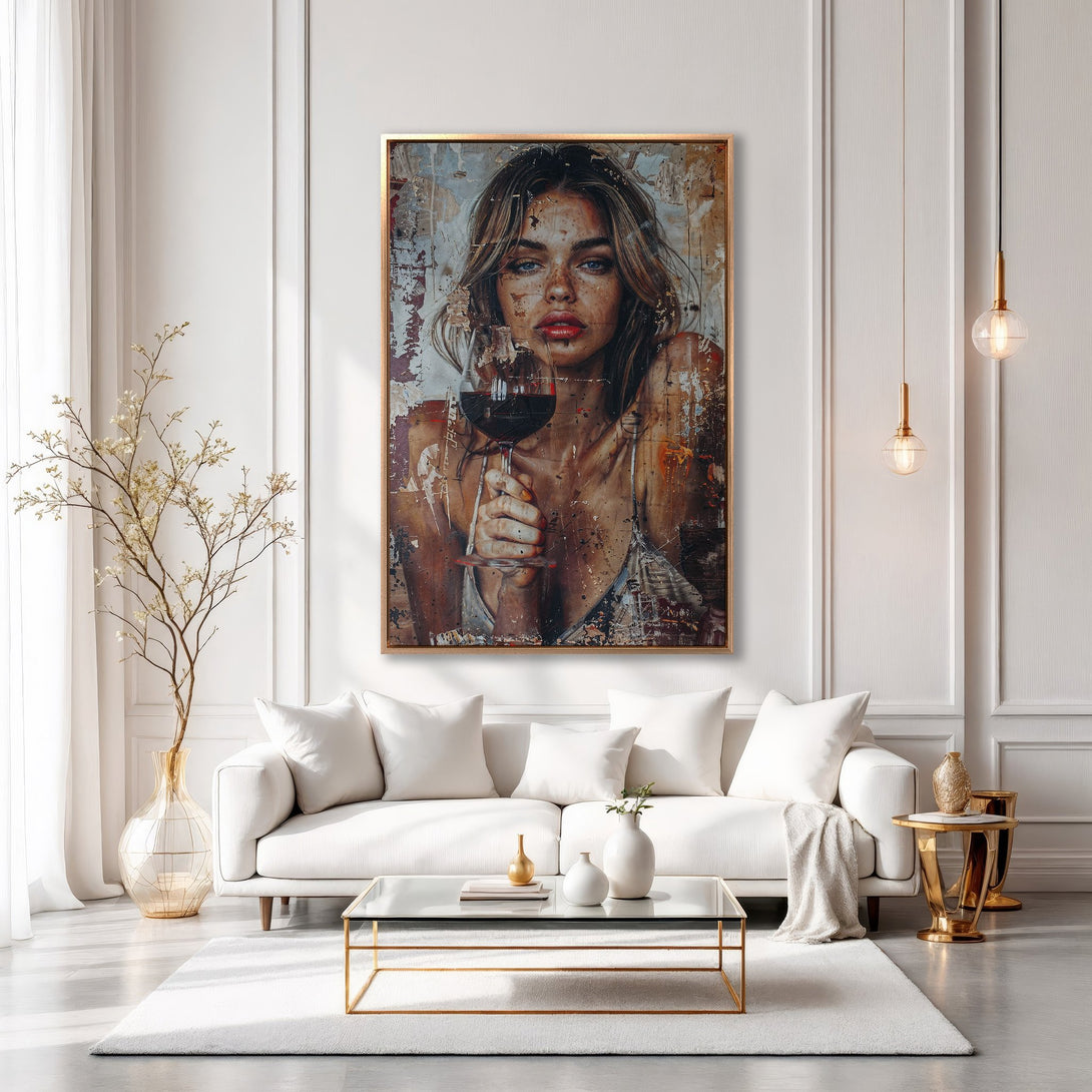 Framed Wall Art: Portrait of a woman with wine, in a modern interior. Warm, neutral color palette with gold accents. Elevate your space!
