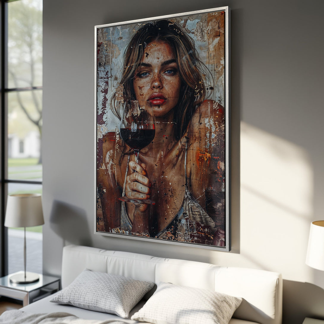 Framed Wall Art: Abstract portrait of a woman with a glass of wine. Earthy tones with pops of red and blue. Perfect for modern decor.
