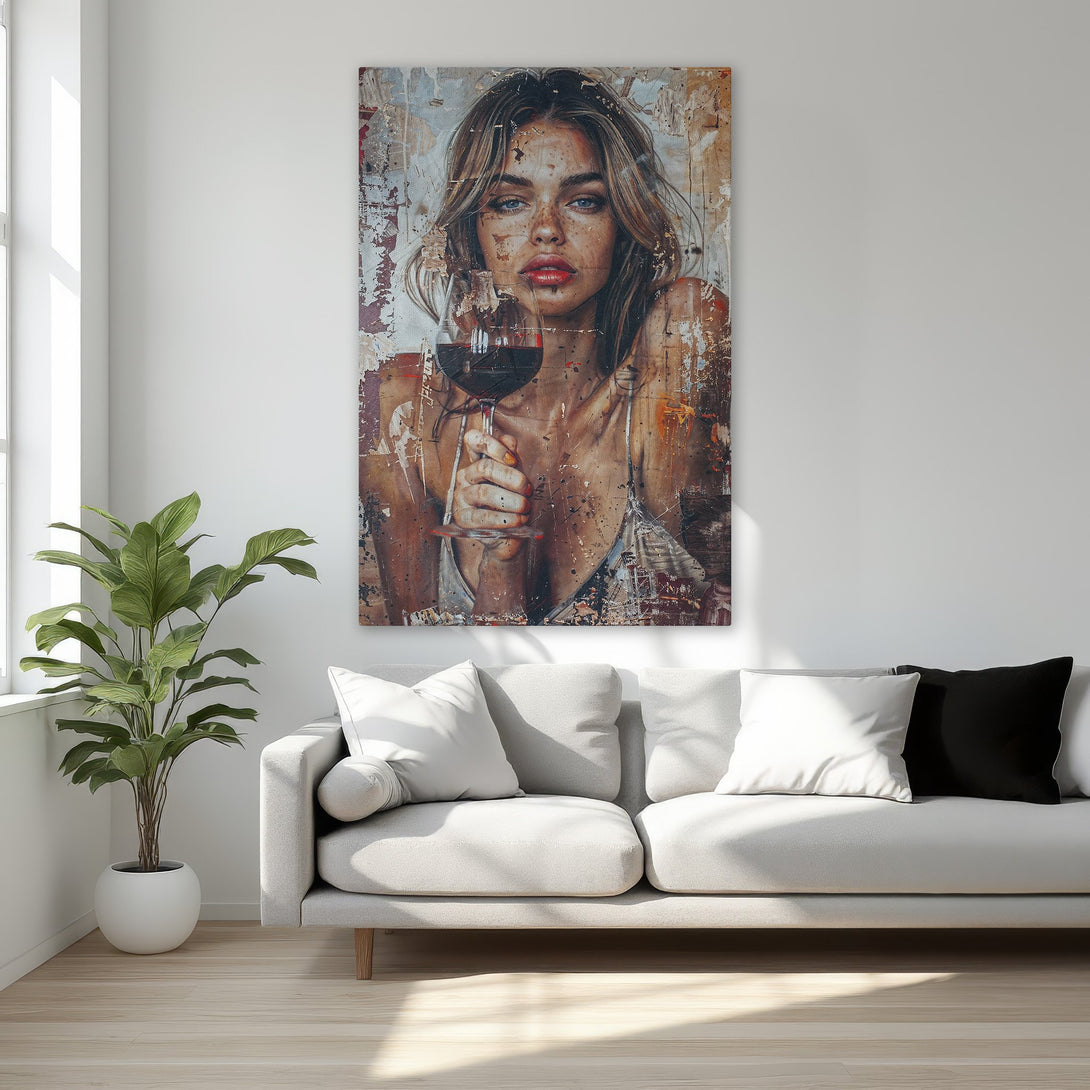 Framed Wall Art: Stunning portrait of a woman with wine, in a rustic style. Warm, neutral color palette. Perfect for bedroom decor.