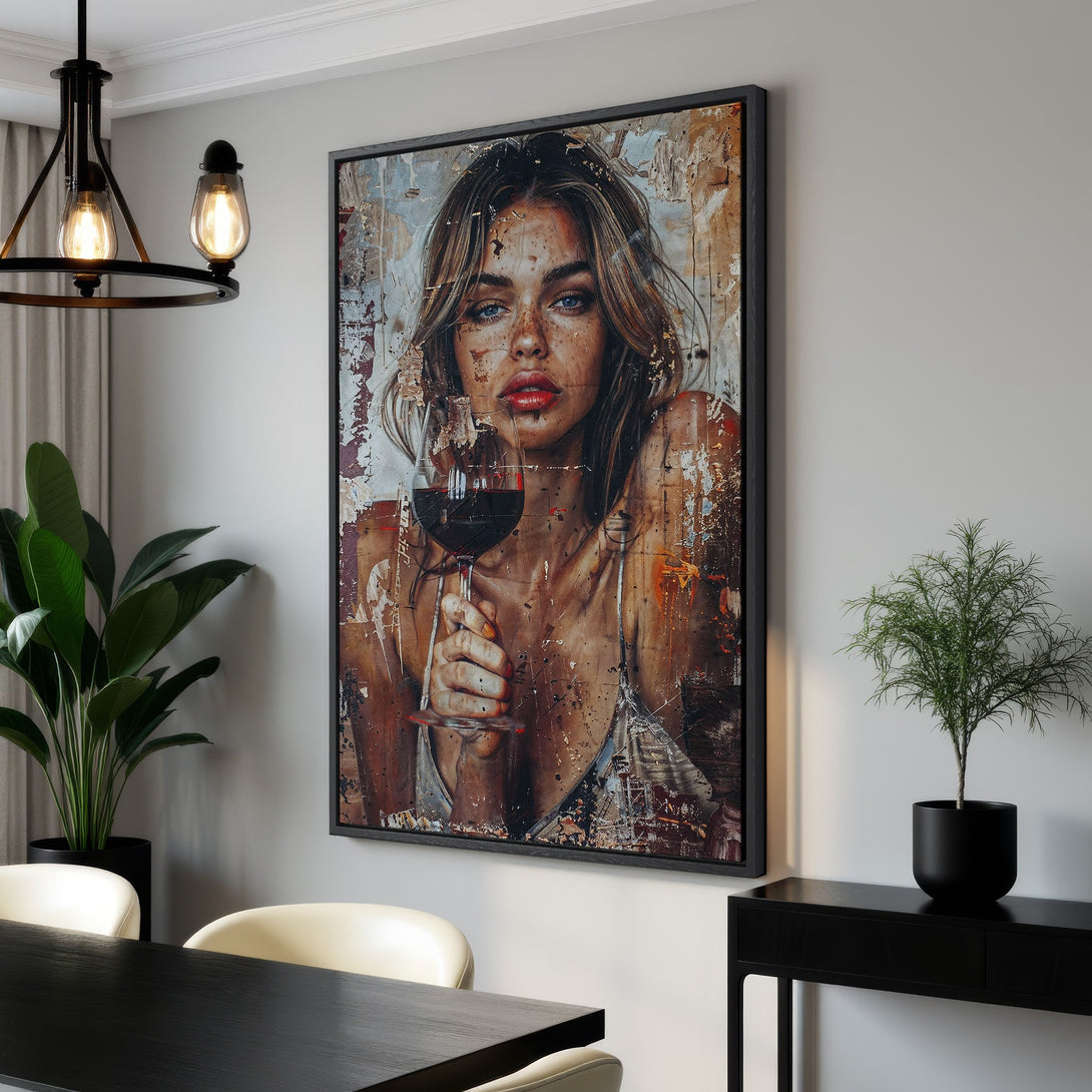 Framed Wall Art: Stunning portrait of a woman with wine, abstract style. Earthy tones with pops of red and blue. Perfect for modern home decor.