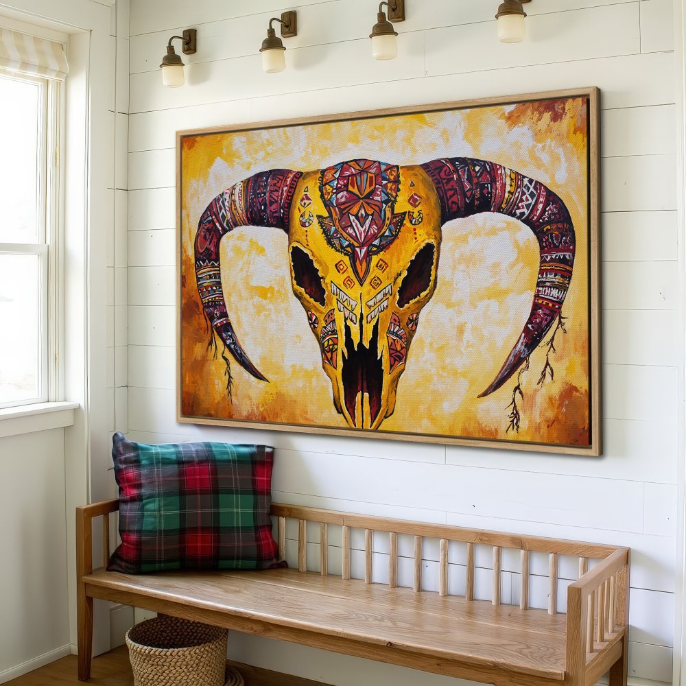 Framed Wall Art: Bold yellow and red bull skull canvas print. Boho style art with warm color palette, perfect for home decor.
