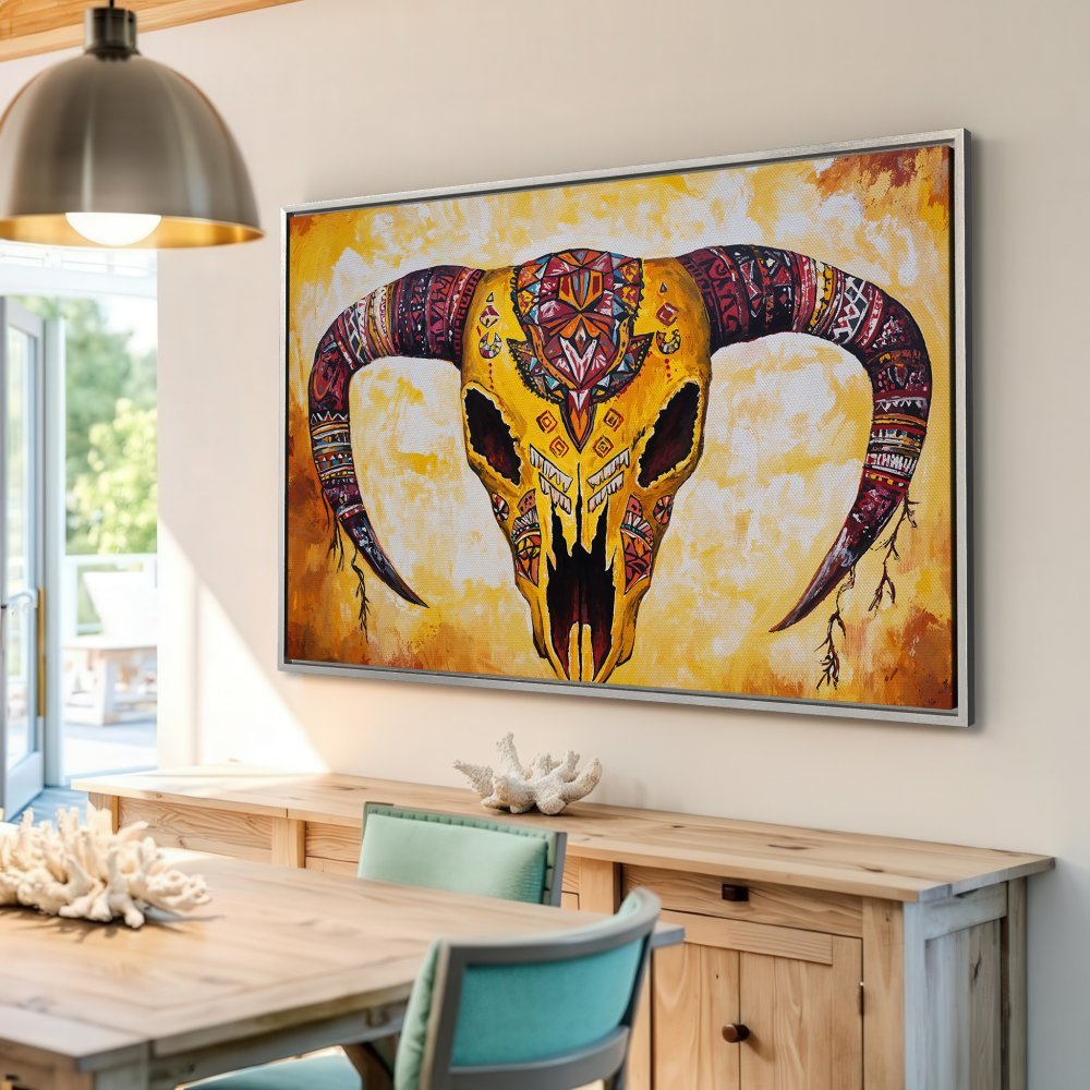 Framed Wall Art: Boho-style canvas print of a decorated bull skull in warm yellow, orange, and red tones. Perfect for adding a unique touch to your home decor.