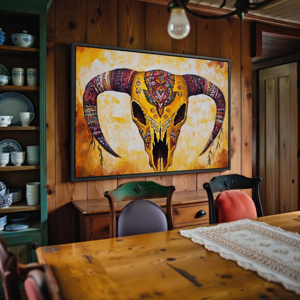 Framed Wall Art: Boho-style bull skull canvas print in warm yellow and red tones. Perfect rustic home decor.