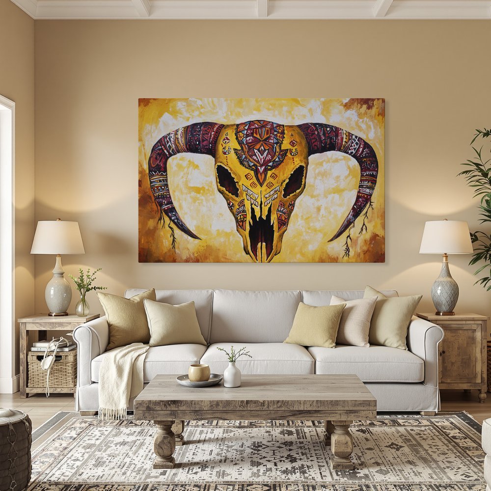 Framed Wall Art: Bold, bohemian canvas print of a decorated bull skull in warm yellow, orange, and red tones. Elevate your home decor!