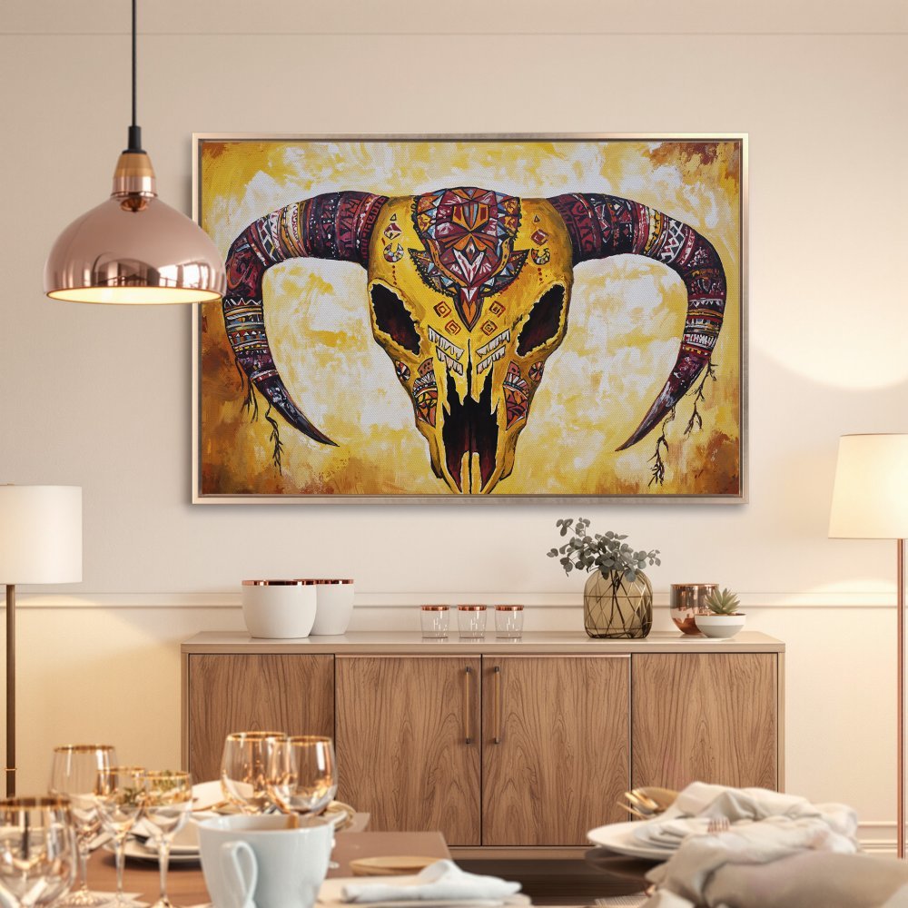 Framed Wall Art: Boho skull canvas print in yellow & warm tones. Add a touch of Southwestern style to your home decor!