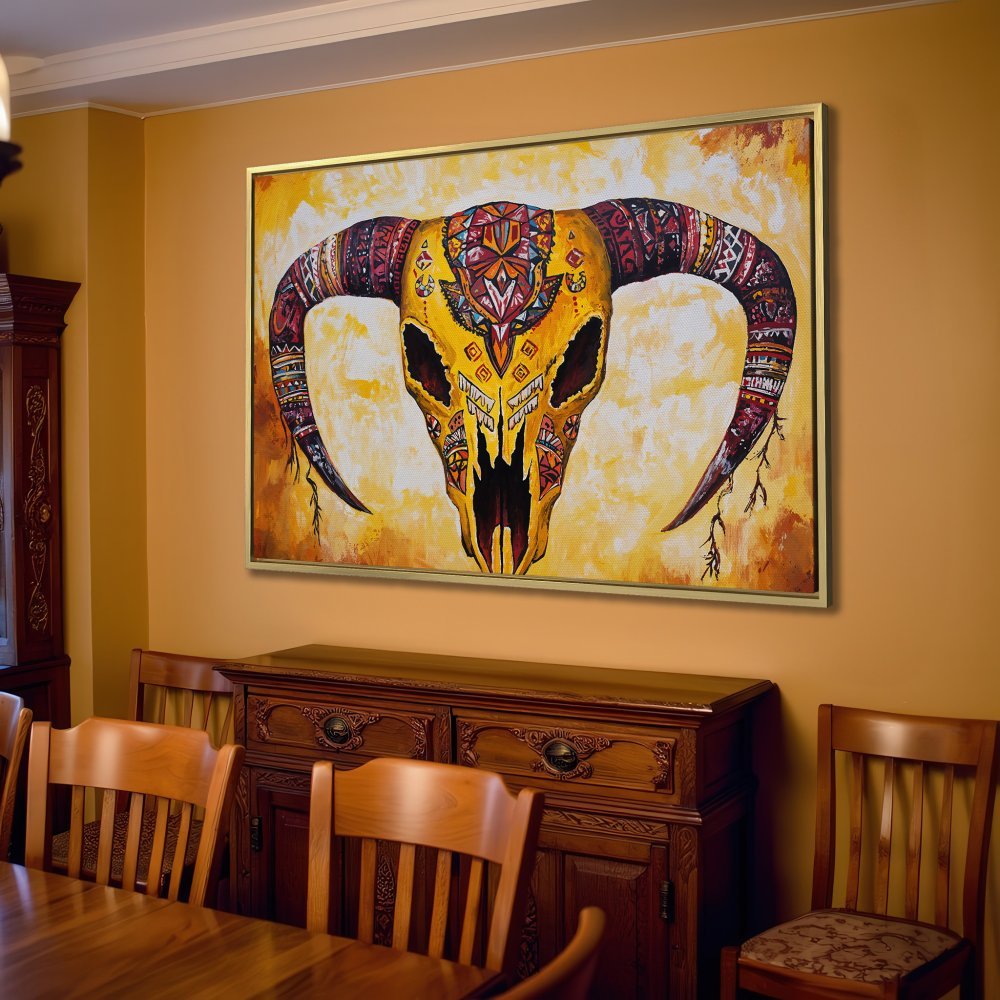 Canvas Print: Boho bull skull art in yellow and brown tones, perfect for adding a touch of rustic style to your living room decor.
