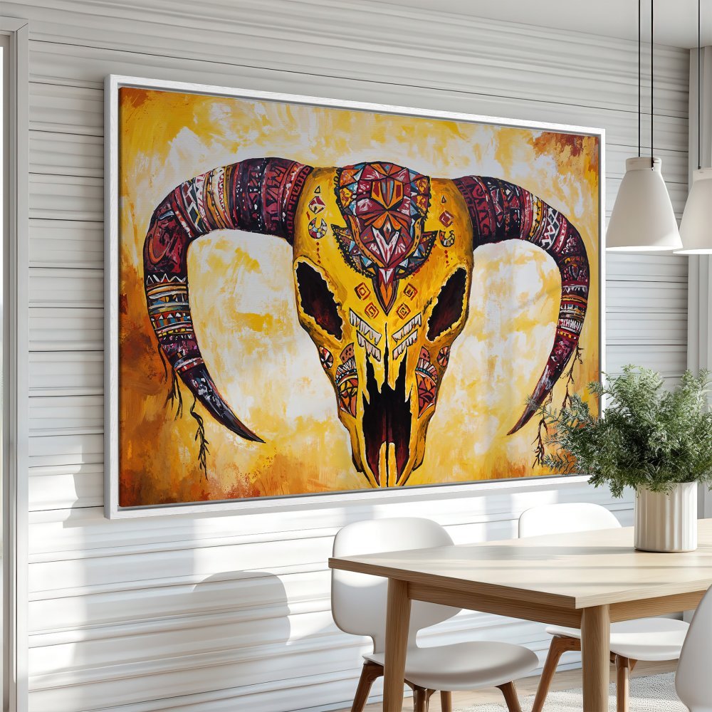 Framed Wall Art: Bold bull skull canvas print in vibrant yellow, orange, and red hues. Boho style art for a statement wall. Shop now!