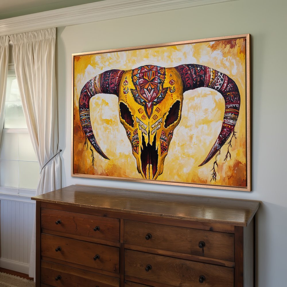 Framed Wall Art: Colorful tribal bull skull canvas print. Bold yellow, orange, and red palette. Perfect for adding a unique touch to your home decor.