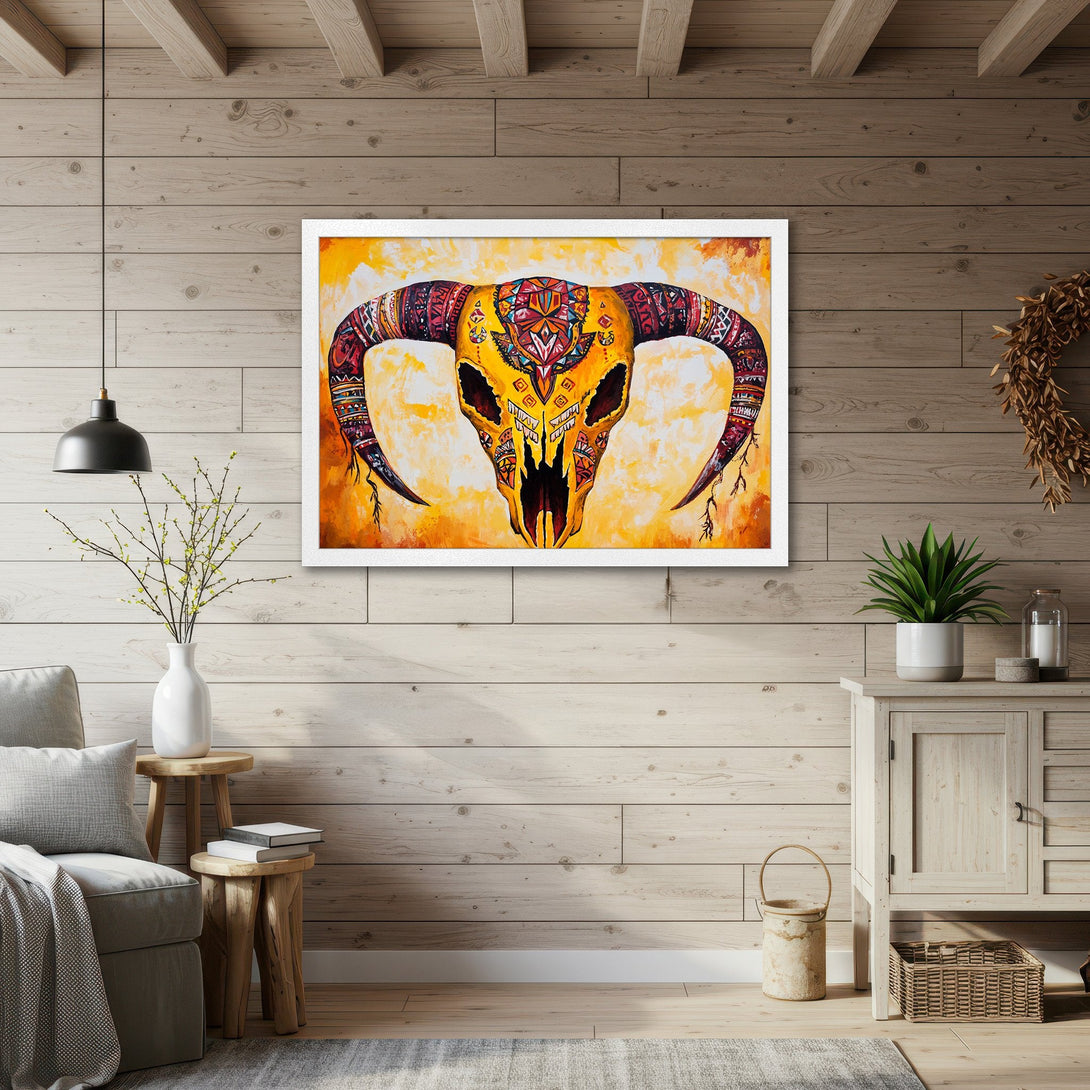 Framed Poster featuring a vibrant, tribal-style bull skull art print with warm yellow and orange hues. Perfect for adding a unique touch!