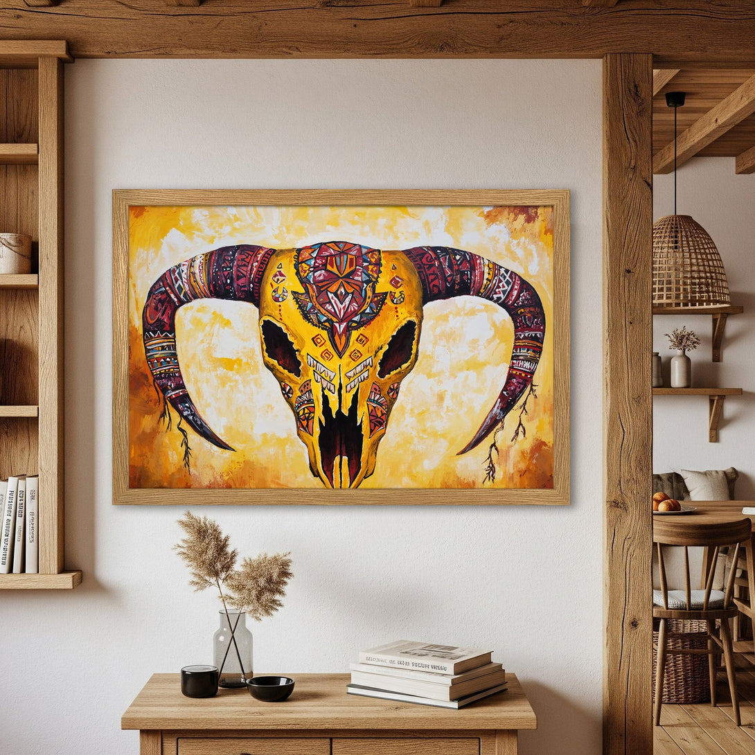 Framed Poster featuring a vibrant, tribal-style bull skull art print in warm yellow, red, and brown tones. Perfect wall decor!