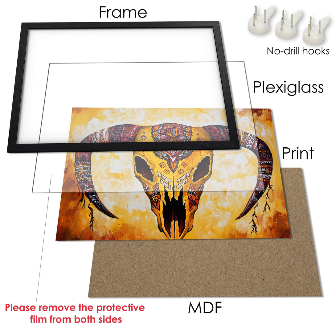 Framed Poster featuring a tribal skull design in warm yellow and orange hues. Perfect wall art for a stylish home.