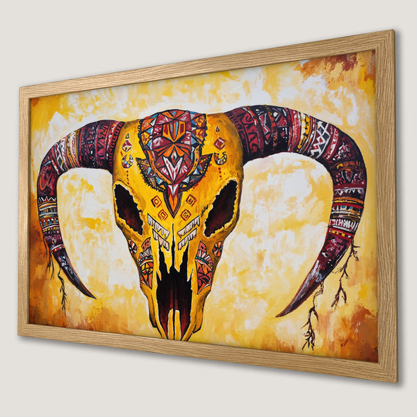 Framed Poster: Tribal skull art print in yellow and red, perfect wall decor. Add a unique touch to your space!