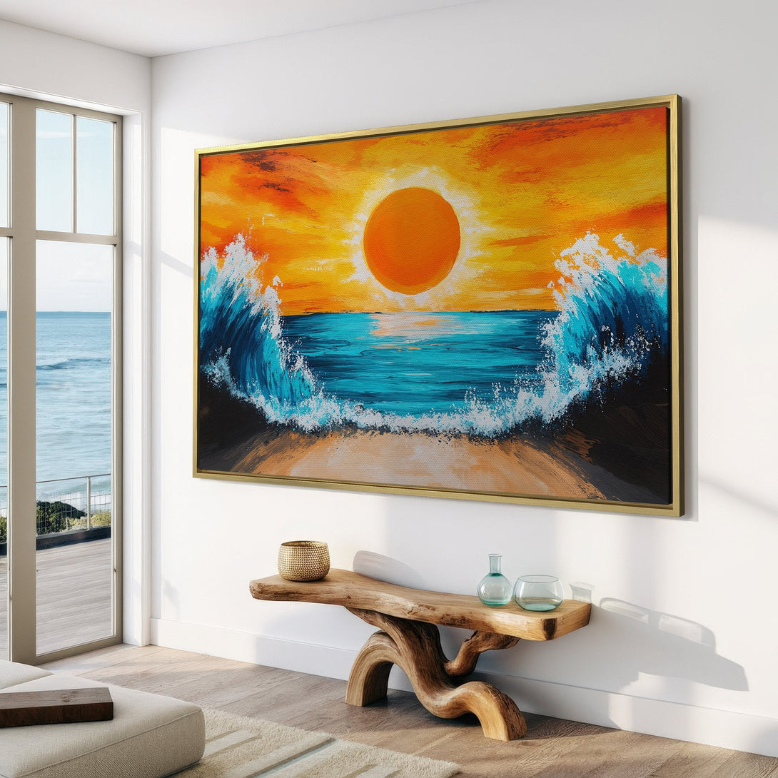 Canvas Print of a sunset over the ocean, featuring vibrant blues, oranges, and yellows. Perfect coastal wall art for a modern living room.