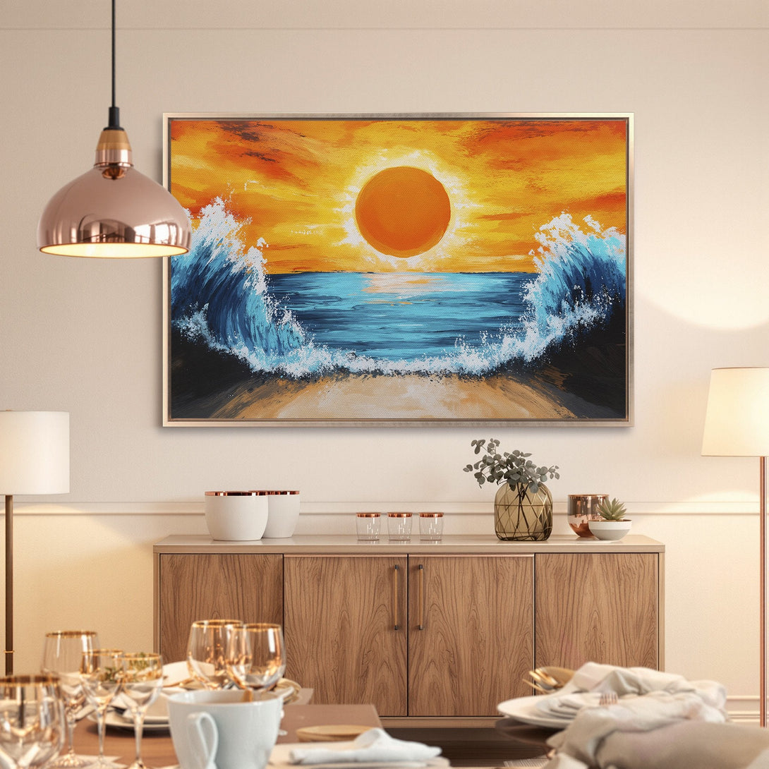 Framed Wall Art: Abstract sunset seascape canvas print in orange, blue, and gold. Perfect coastal art for your home decor!