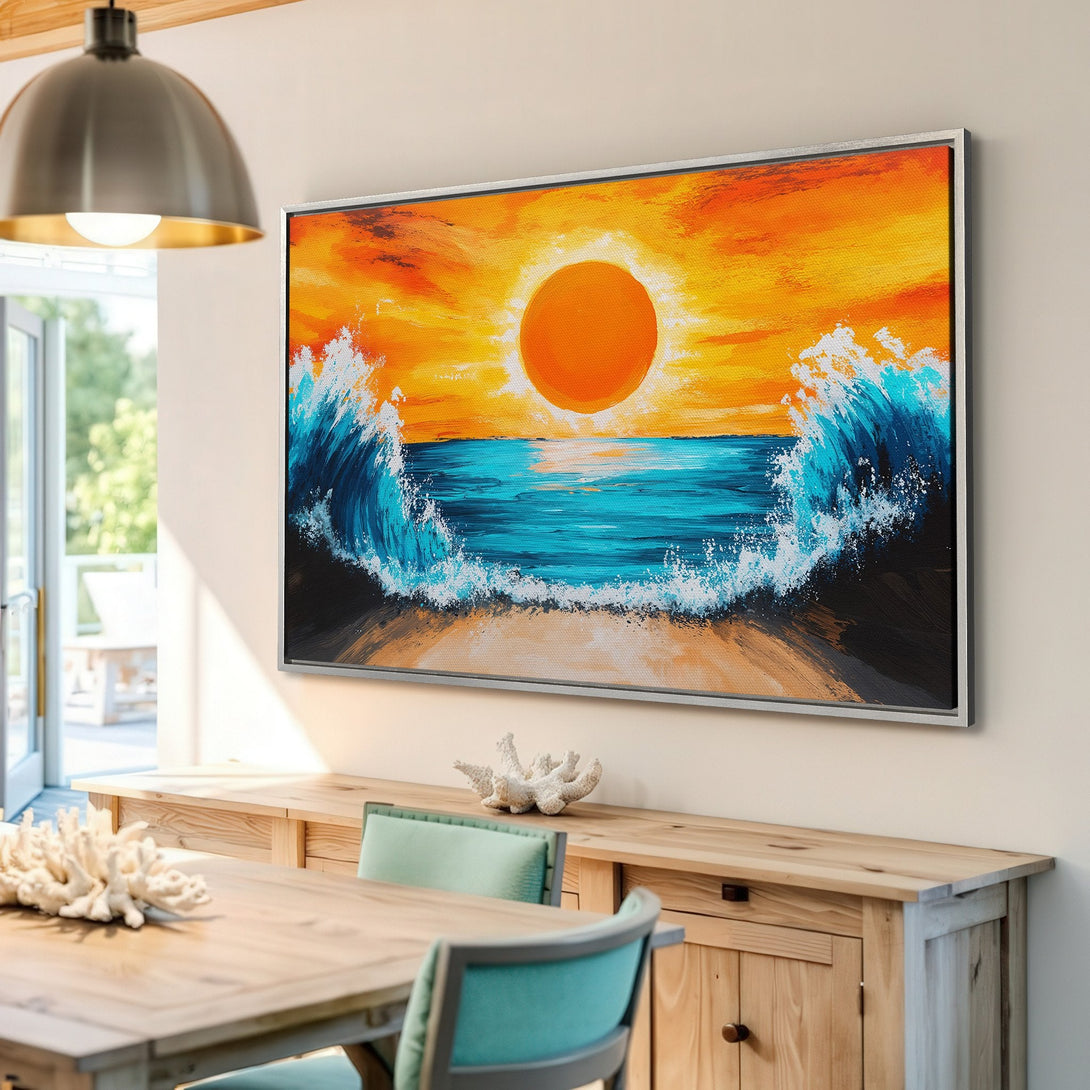 Framed Wall Art: Abstract sunset canvas print with vibrant orange, blue, and yellow hues. Coastal art for your home decor.