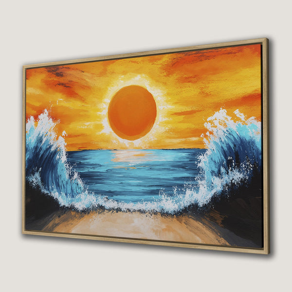 Framed Wall Art: Sunset over ocean waves. Impressionistic style painting with vibrant orange, blue, and yellow color palette. Perfect coastal decor.
