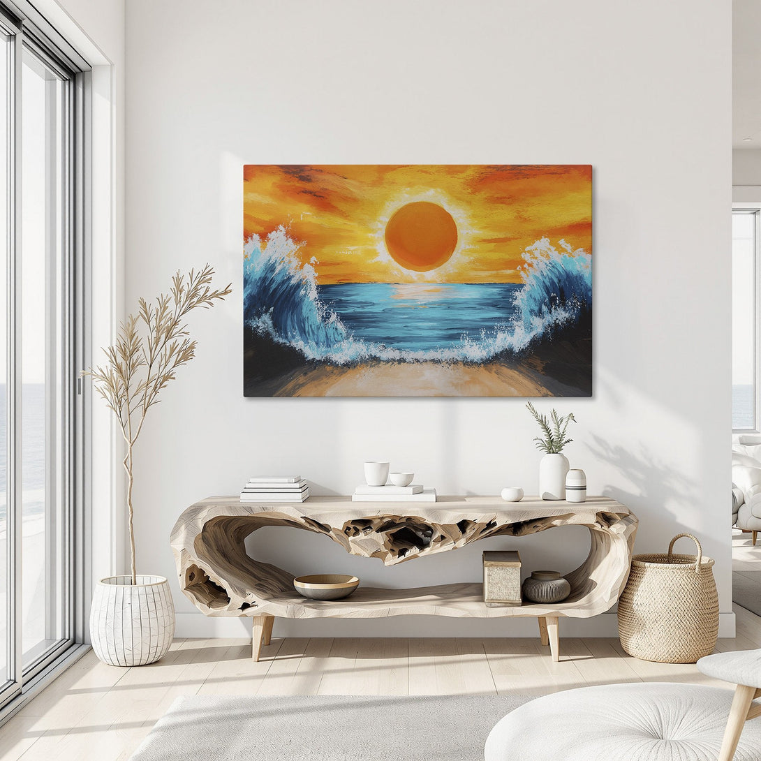 Framed Wall Art: Sunset over ocean waves. Abstract painting with warm orange, blue, and teal tones. Perfect for coastal decor.