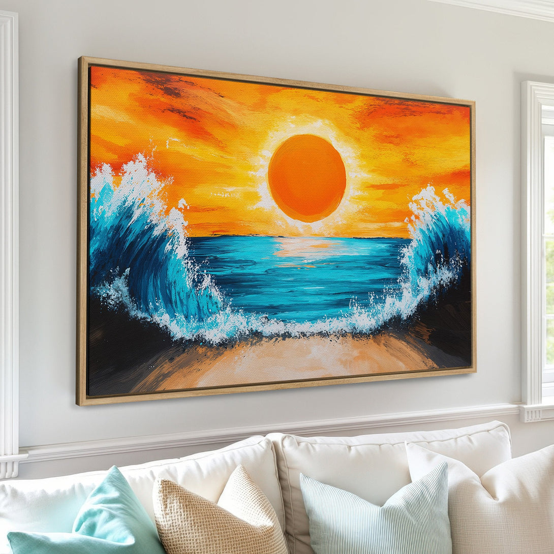 Framed Wall Art: Sunset over ocean waves, vibrant orange, blue, and white color palette. Coastal art for a relaxing vibe.