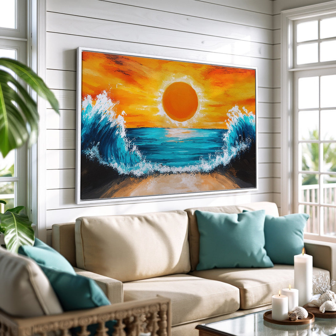 Framed Wall Art: Sunset over ocean waves in vibrant orange, blue, and teal. Coastal style canvas print adds a pop of color to any room.